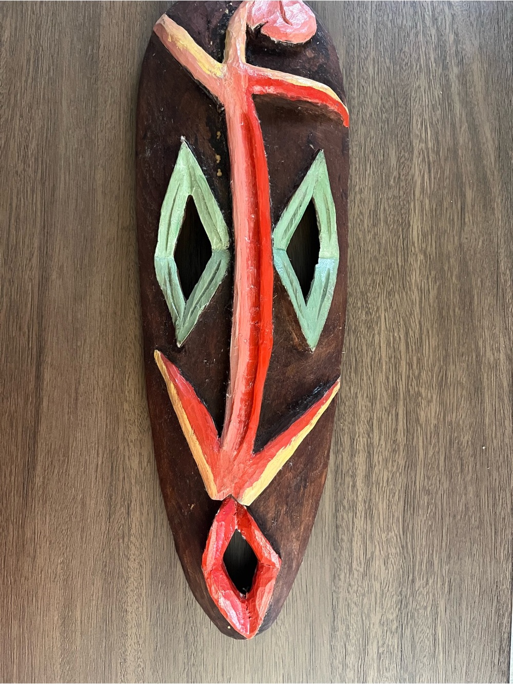 Hand-Painted Tribal Wood Mask in Brown, Red & Mint